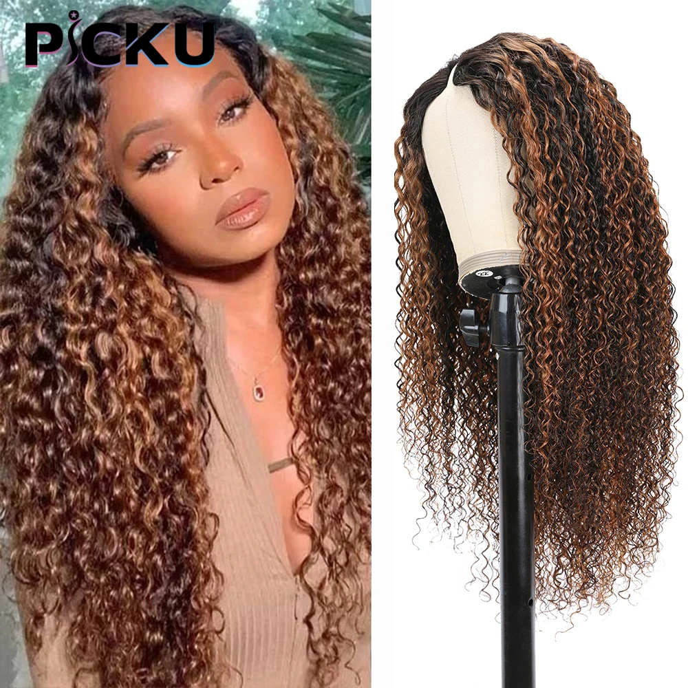 Highlight Curly Wig V Part Curly Human Hair Wigs For Black Women Brazilian Virgin Hair Wig No Leave Out No Sew In 250%