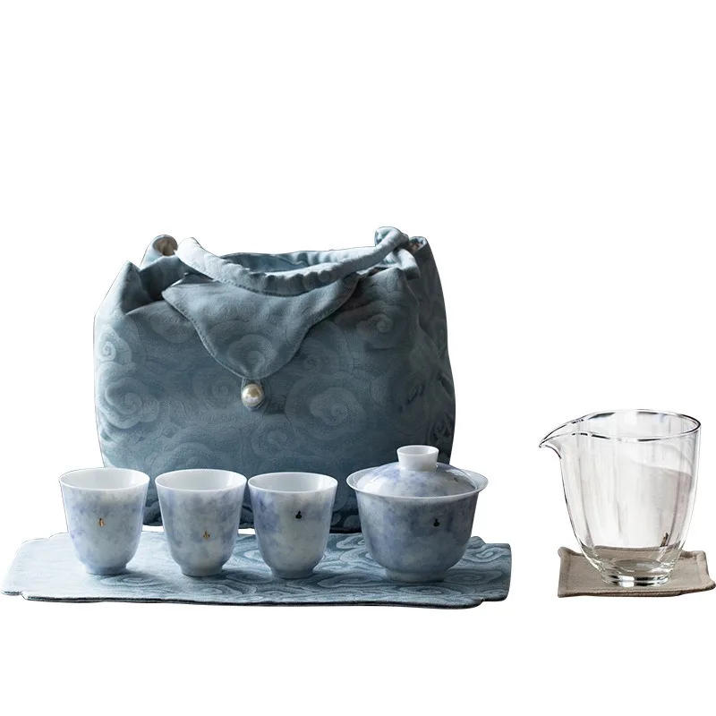 

Ceramic cover bowl, one pot, three cups of glass, fair cup, travel tea set, portable bag, complete tea set.