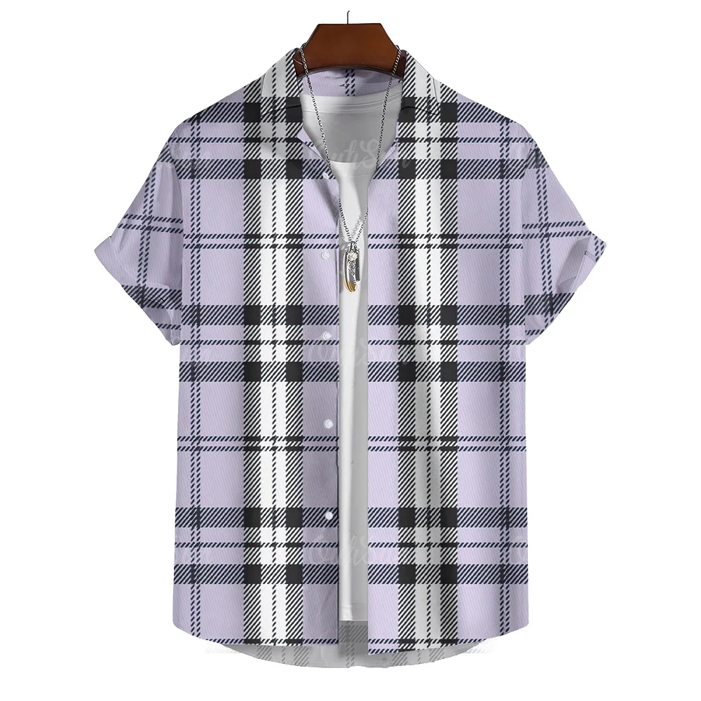 Checkered Striped Print Shirts For Men Summer Casual Men's Shirt Beach Vacation Style Hawaiian Short Sleeve Shirt Oversized Tops