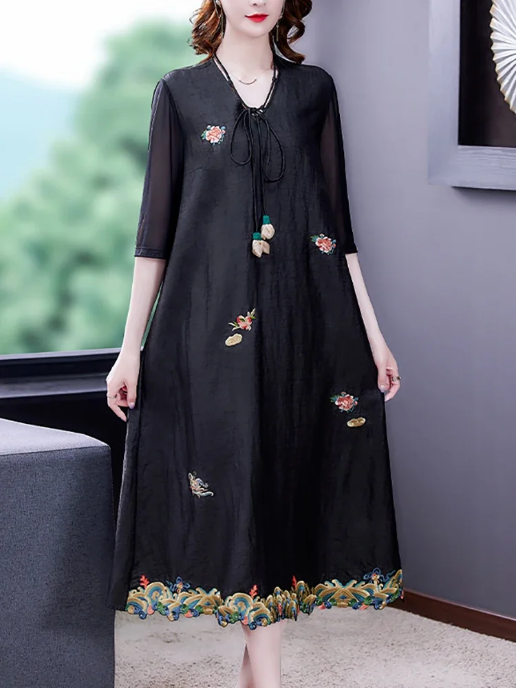 ฤดูร้อนผ้าไหมสีดําดอกไม้แขนสั้นVคอMidiชุดผู้หญิงเกาหลีVINTAGE Hepburnชุด 2025 Elegantหลวมเอวชุดปาร์ตี้