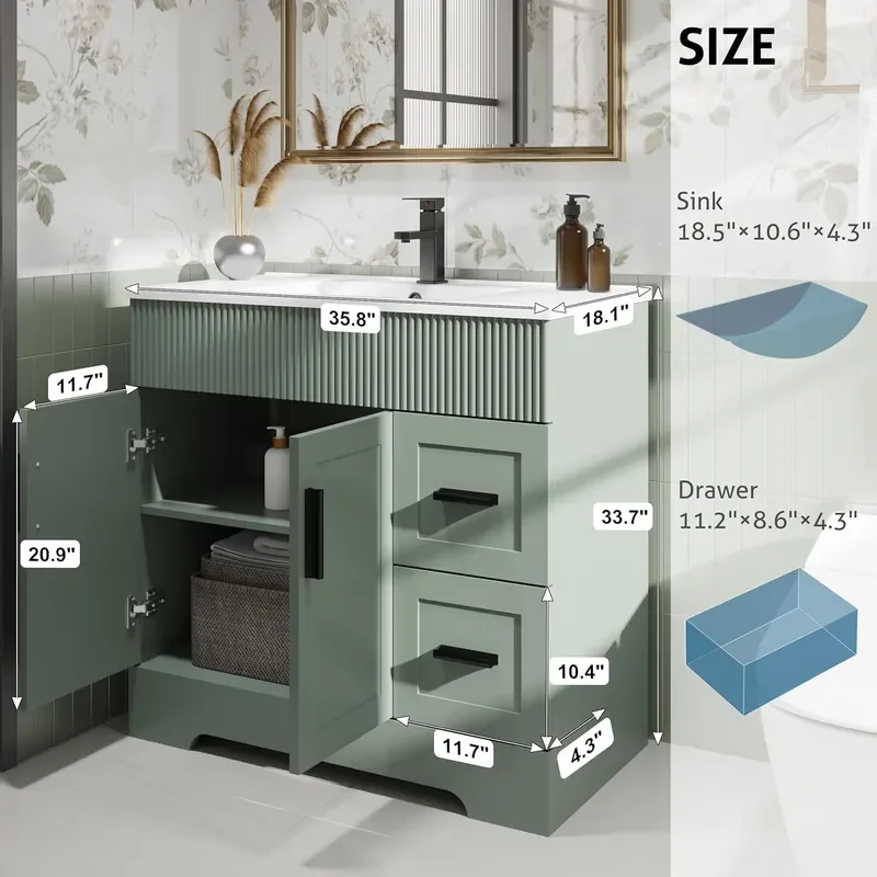36 Bathroom Vanities Sink Combo with Painted Surface Modern Drawered Cabinet W Decorative Wave Lines Undermount Single White