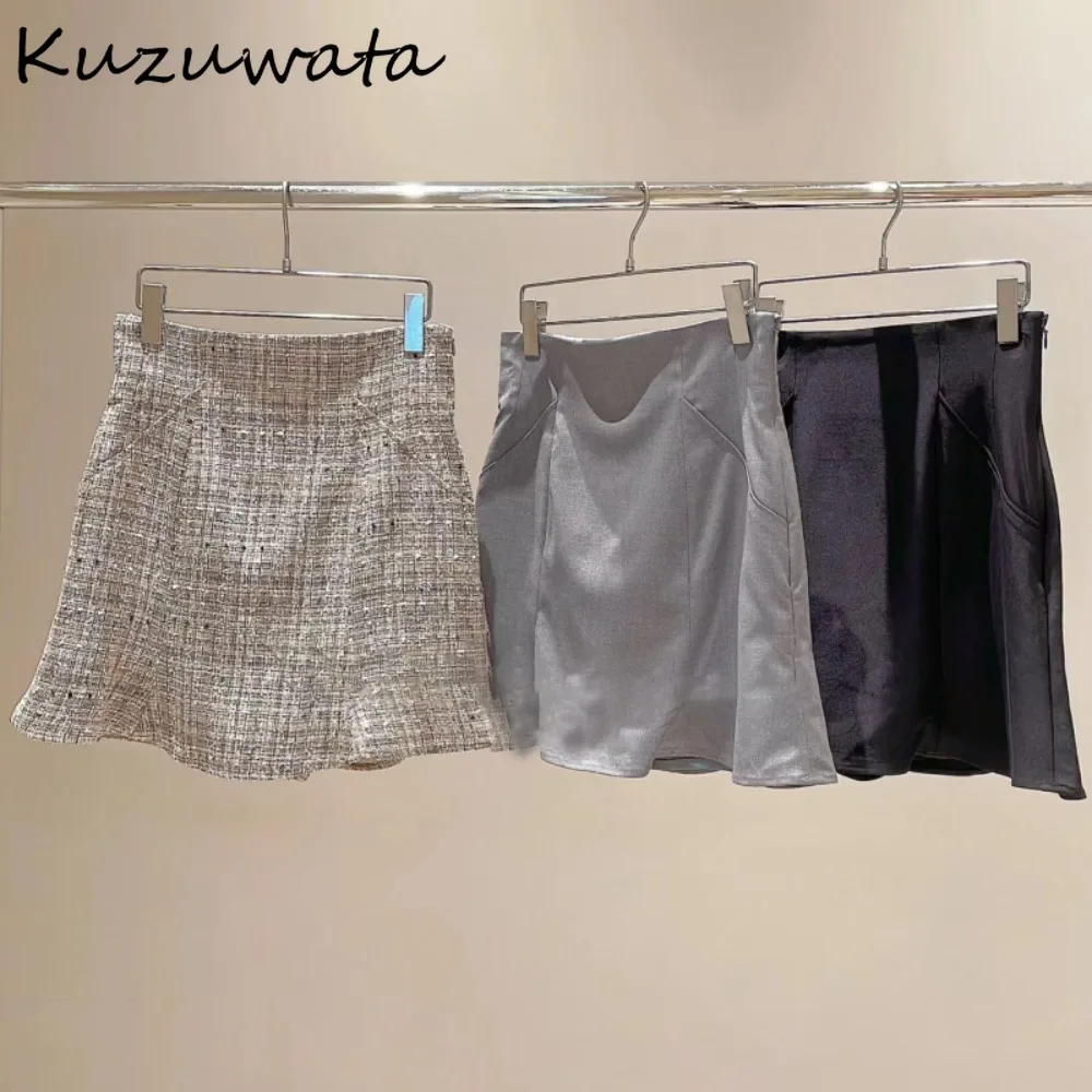 Kuzuwata New Temperament High Waist A-line Skirt Casual All-match Slim Plaid Short Faldas Japan Moda Sweet Mermaid Women Mujer