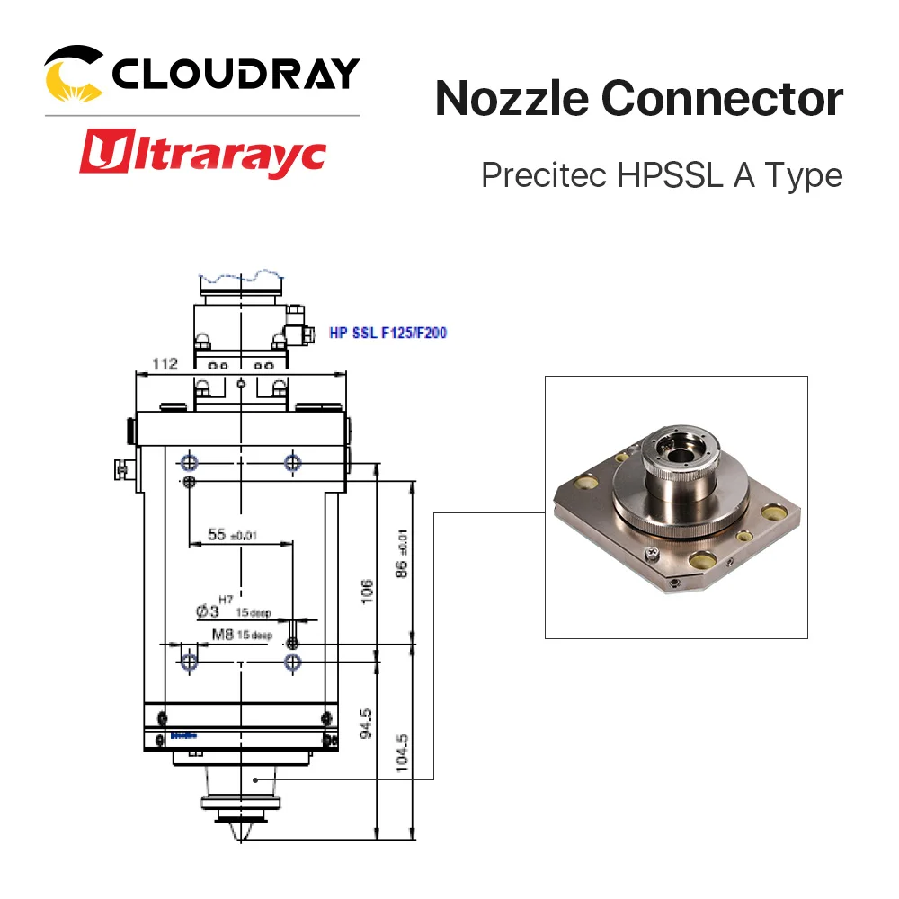 موصل فوهة Ultrarayc لـ preitec HP SSL F125mm F200mm لـ رأس تقطيع ليزر بريسيتيك