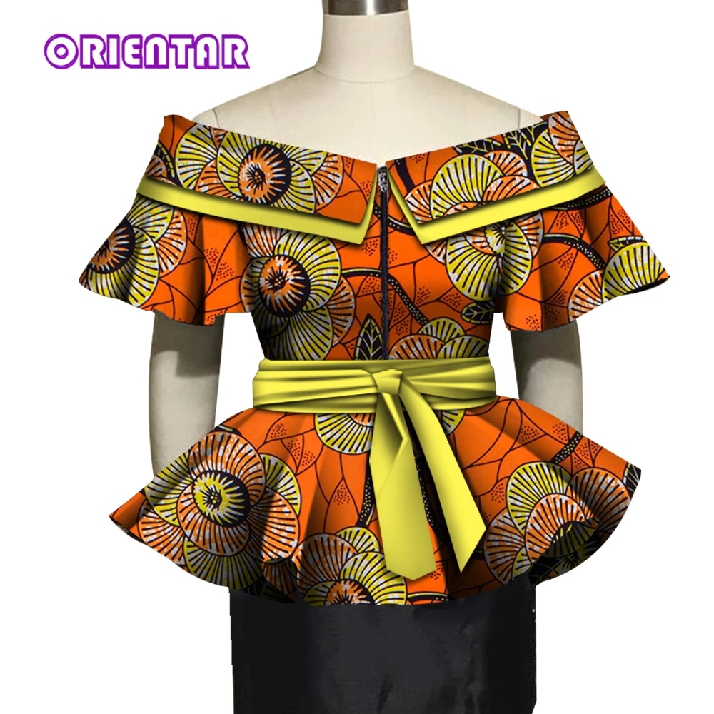 Moda africana topos para mulheres blusa de impressão africana slash neck camisa de algodão com cinto senhora roupas africanas wy5021