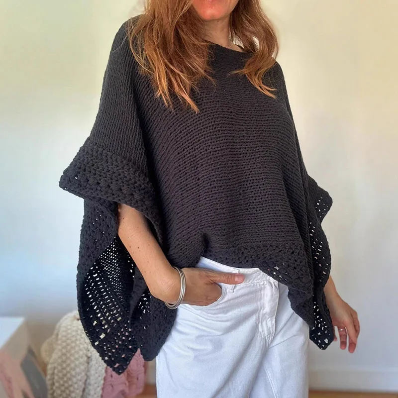 Women's Casual Bat Sleeve Solid Color Pullover 2025 Winter Fashion Hollow Out Loose Sweaters Autumn Elegant O-neck Knitted Tops