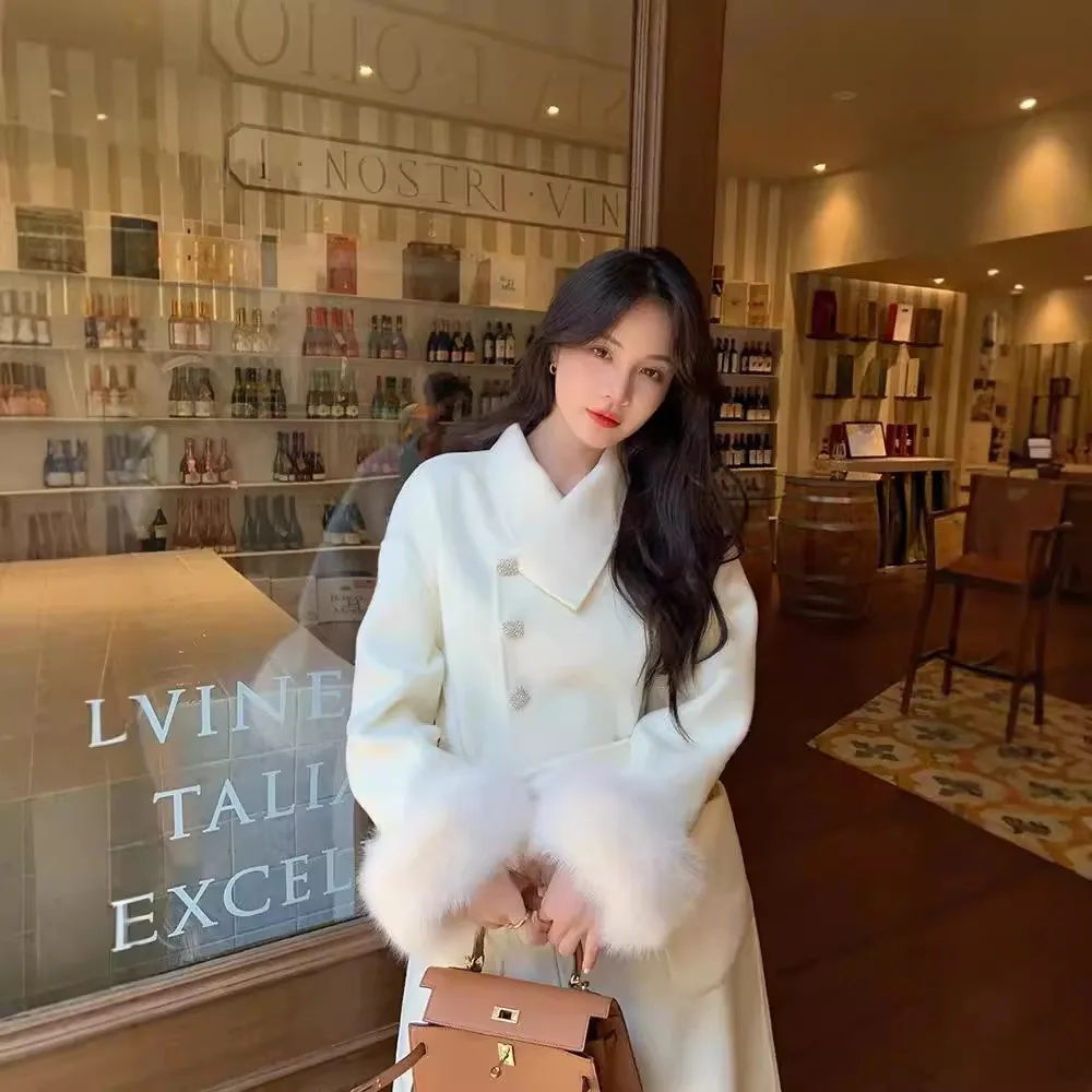 معطف كاشميري مزدوج الوجهين للنساء ، ياقة طويلة من فرو الثعلب ، جاكيت صوف ، فرو ثعلب حقيقي ، معطف صوف نسائي ، جديد ، الخريف والشتاء ، #3