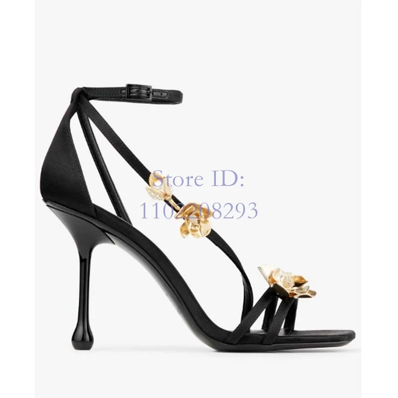 Crystal Golden Rose Straps sandali a spillo Square Open Toe Solid Thin High Cover Heel Back Buckle Strap scarpe Sexy da donna 2024