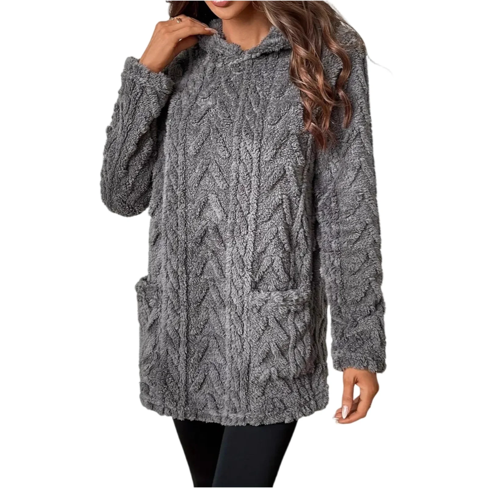 Sweat-shirt à capuche décontracté pour femmes, couleur unie, coupe ample et poches en polaire, vêtements d'hiver pour femmes