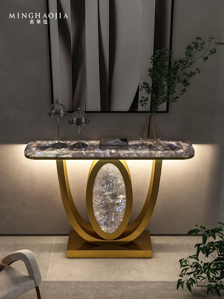 Light Luxury Stainless Steel Luminous Entrance Cabinet Transparent Super Crystal Marble Ultra Narrow =