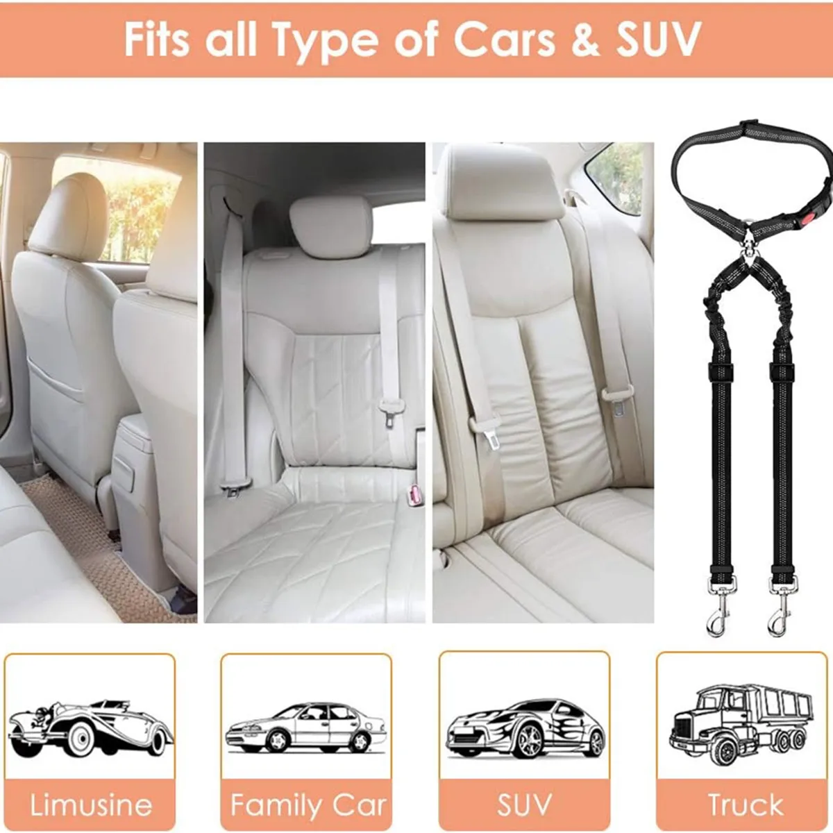 2 Dogs Seat Belt New Dual Pet Car Headrest Restraint Safety No Tangle Dog Leash Duty Adjust Elastic Connect in Vehicle Travel