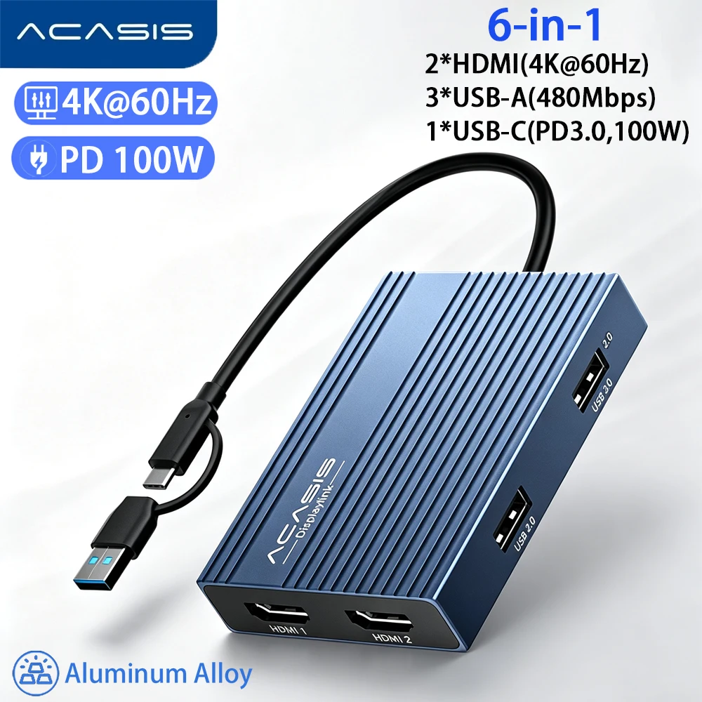 ACASIS USB-C To Dual HDMI Docking USB Hub 4K@60Hz 2 HDMI&3 USB-A Ports 100W PD Charging For Macbook M1/M2/M3/Windows System