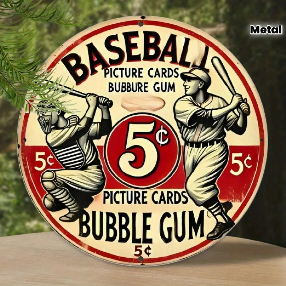 Tin Sign - Vintage Durable Metal Plaque Wall Decor, 5 Cents Baseball Bubble Gum Retro Sports Advertising Sign Home Office Bar Ma