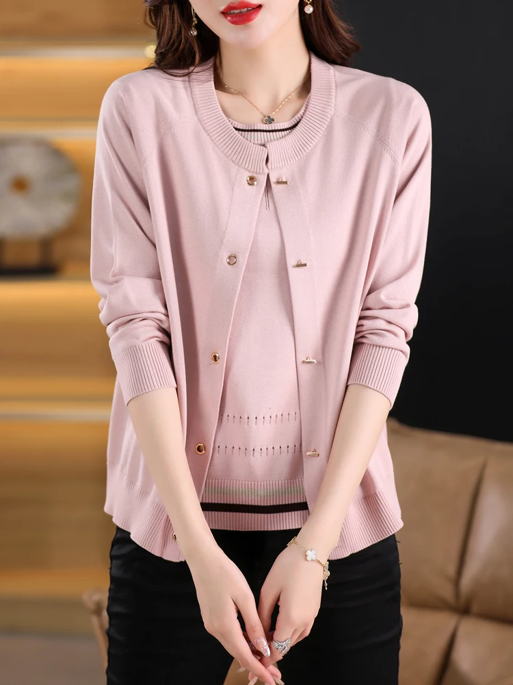 

Two Pieces Sets Sweater Women Autumn Spring Mother Sweater Casual Solid Pull Femme Short Sleeve Top + Cardigans