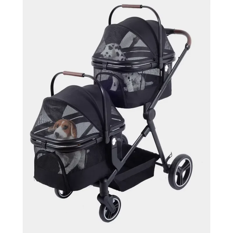 4-Wheel Double Seat Pet Carrier Collapsible Outdoor Travel Stroller for Camping for Cats and Dogs