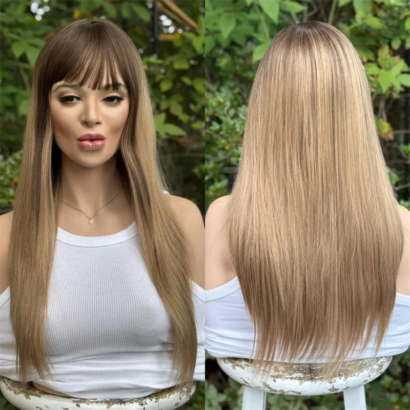 

Long Straight Wigs with Bangs Synthetic Wigs for Women Heat Resistant Cosplay Hair Light Honey Brown Lace Front Wig For Women