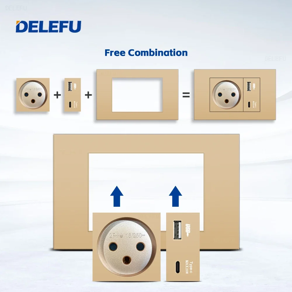 DELEFU Fire Retardant SC31 Panel Gold Israel Standard USB Type C Fast Charging Wall Socket Switch Satellite TV Phone CAT5 CAT6