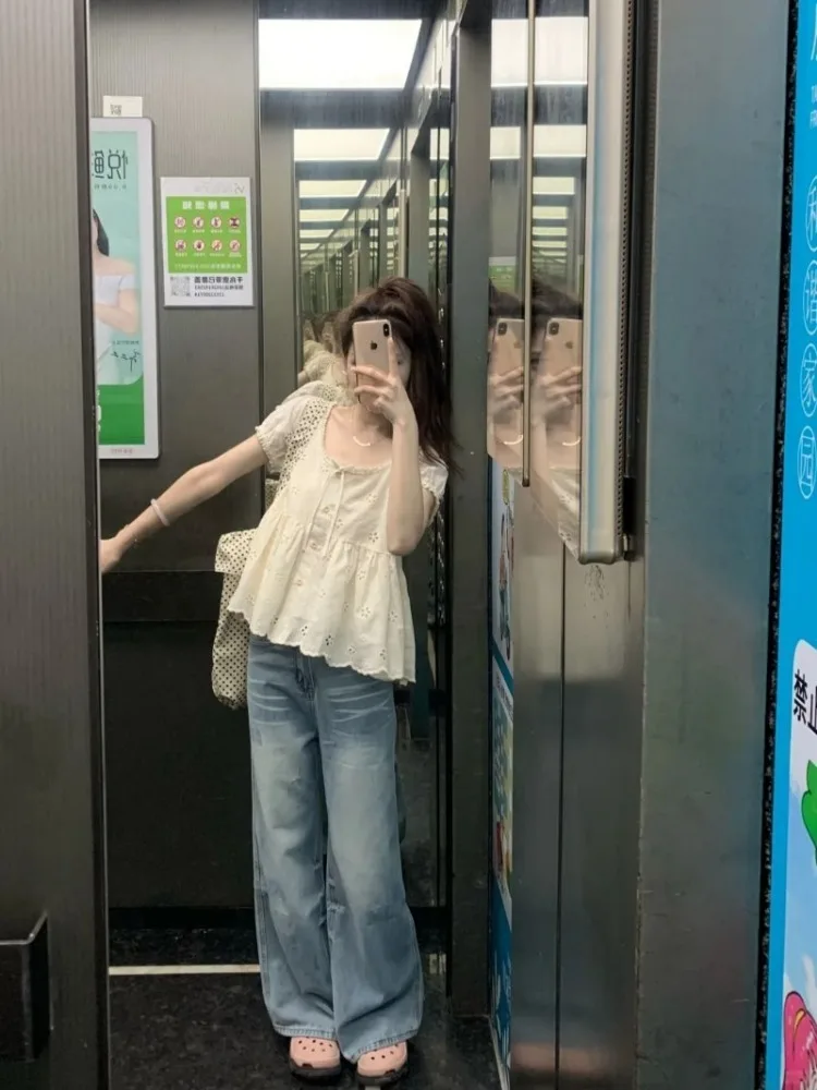 Chemises douces pour femmes, nœud en dentelle, Patchwork, manches courtes bouffantes, fleurs, col Slash, hauts courts amples, chemisier décontracté d'été