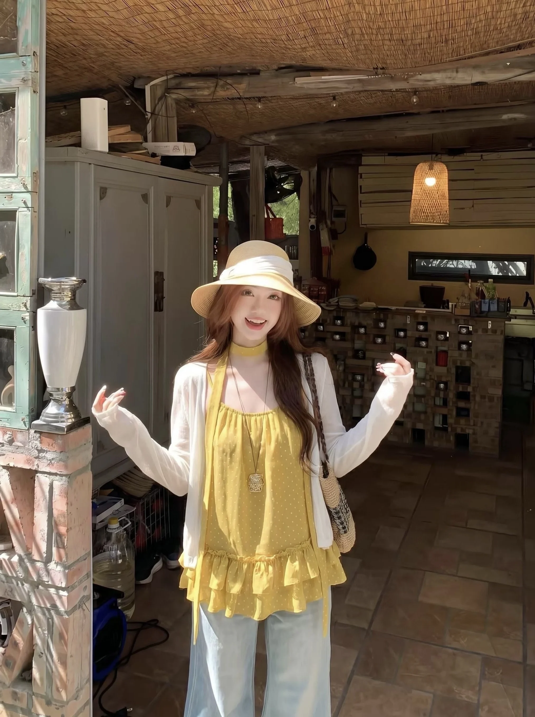 Fashionable Two-Piece Set Long Sleeve  Color Cardigan Women's Summer Inner Checkered Tube Top Vest Set round Neck Printed