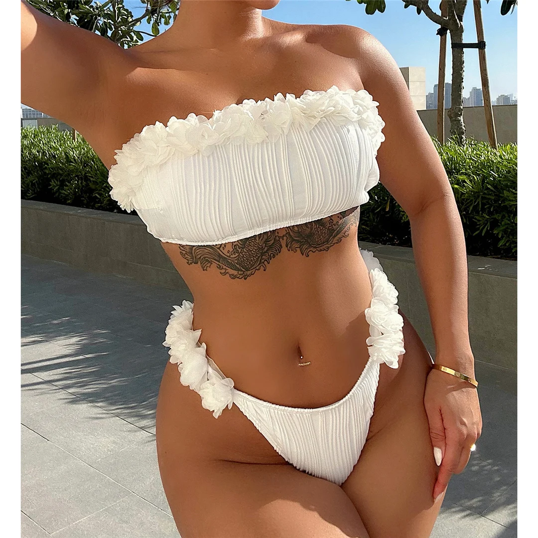 Sexy Bandeau-Bikini mit Falten und Rüschen, zweiteiliger Badeanzug für Damen, Badebekleidung, Badeanzug, Schwimmbekleidung V4715 – Detail 7