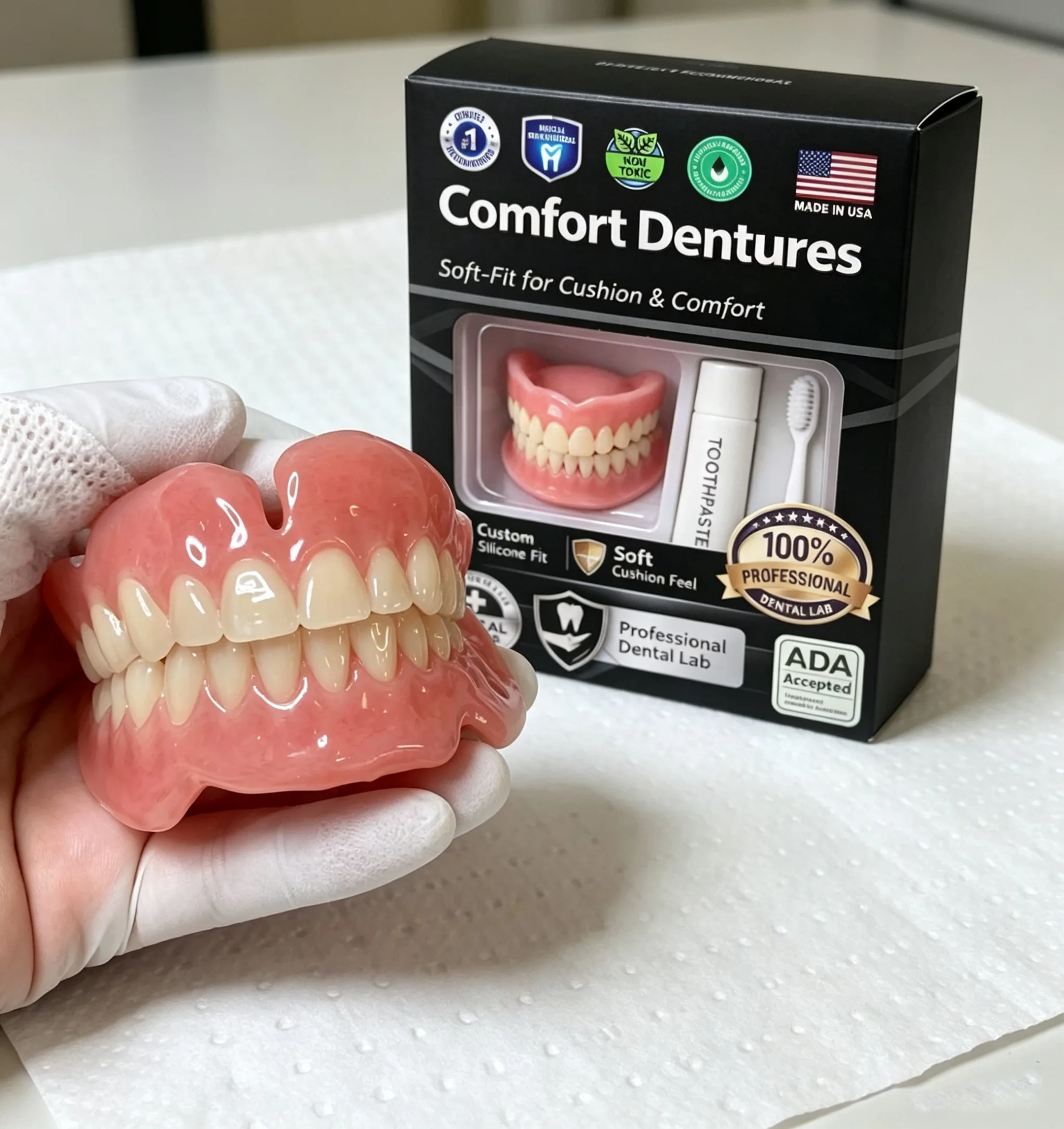 2026 New Instant Smile Moldable Silicone Denture Kit, Natural Ivory Upper & Lower False Teeth With Toothbrush & Toothpaste