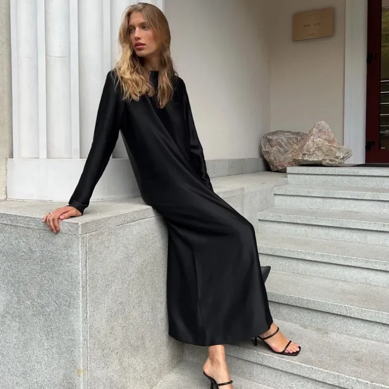 XIZOU Casual Abito da donna in raso nero 2024 Moda O-Collo Manica lunga Abiti alla caviglia Elegante abito femminile classico solido