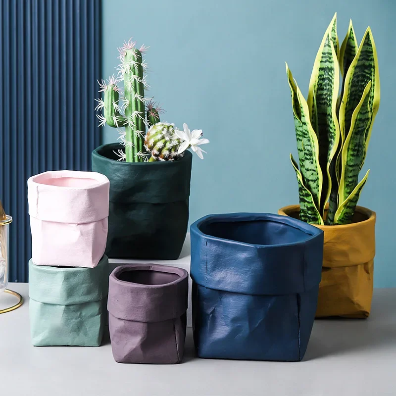 1pc Ceramic Kraft Paper Bag Flower Pot Green Plant Potted Personality Household Succulent Cactus With Hole