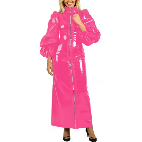 High Neck Puff Long Sleeve PVC Shiny Maxi Dress Plus Size Front Full Zipper Elegant Party Dress Evening Long Gown Womens Vestido