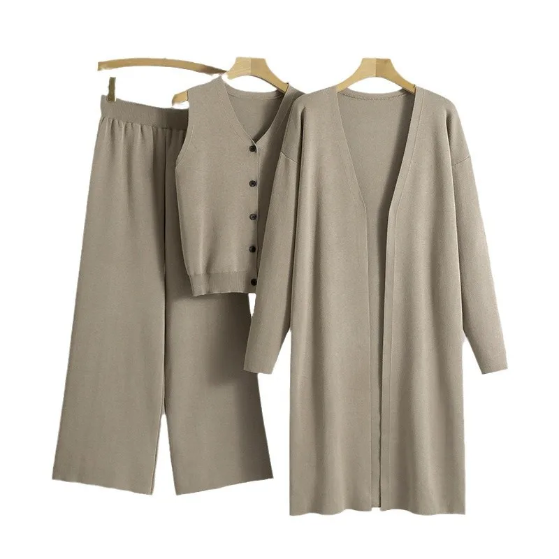 Cardigan Knitted Vest Wide Leg Pants Women Sweater Muslim Casual Long Ensemble Outfits Morocco Knitting Suit 3 Piece Sets Winter