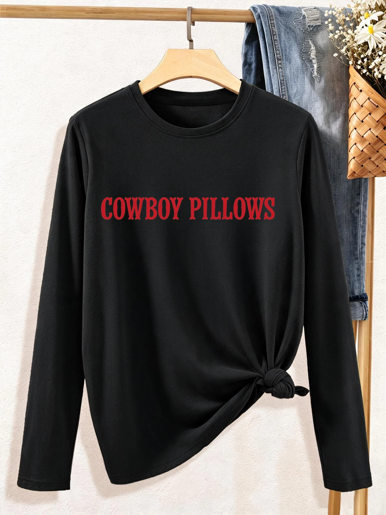 Fun Cowboy Long Sleeve T-shirt Cowboy Pillow Alphabet Pattern Printed T Shirt Vintage Style Tops Clothes Female Outfit Daily