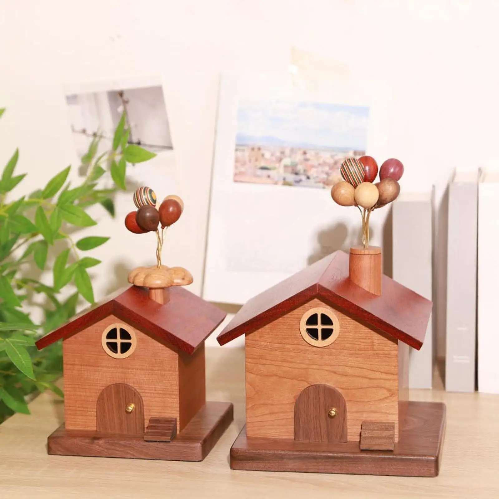 Wooden House Money Bank Ornament Artwork Cute Birthday Gift Collectible Statue