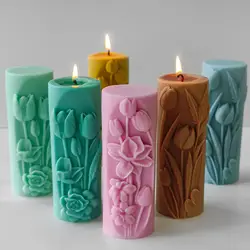 Tulip Flower Cylindrical Aromatherapy Candle Silicone Mold DIY Handmade Candle Gypsum Decoration Mold