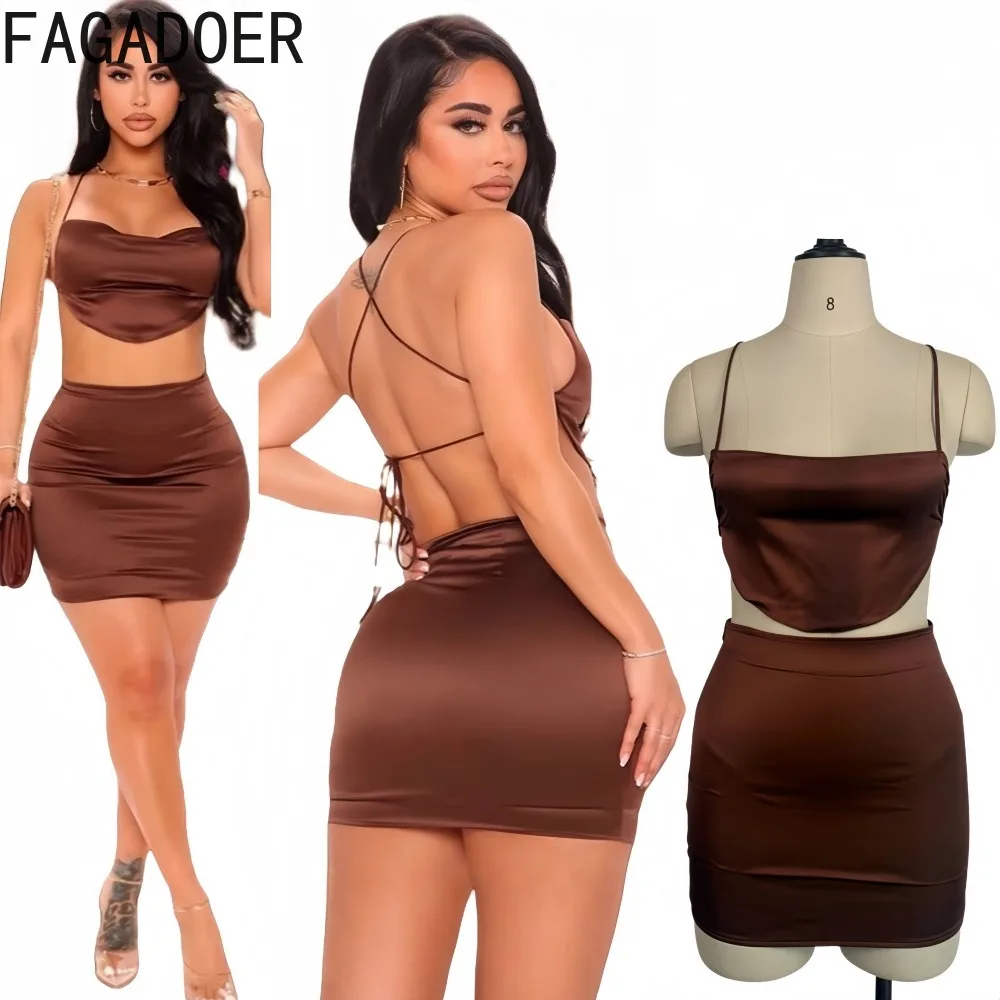 

FAGADOER сексуальный женский комплект из 2 предметов, укороченный топ и юбка без рукавов на бретельках с открытой спиной, одинаковая женская уличная одежда 2025