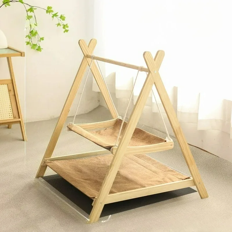 Double Layer Cat Hammock Bed for Window, Solid Wood Pre-Assembled Cat Lounger with 2 Beds, Multi-Cat Perch for Indoor Cats