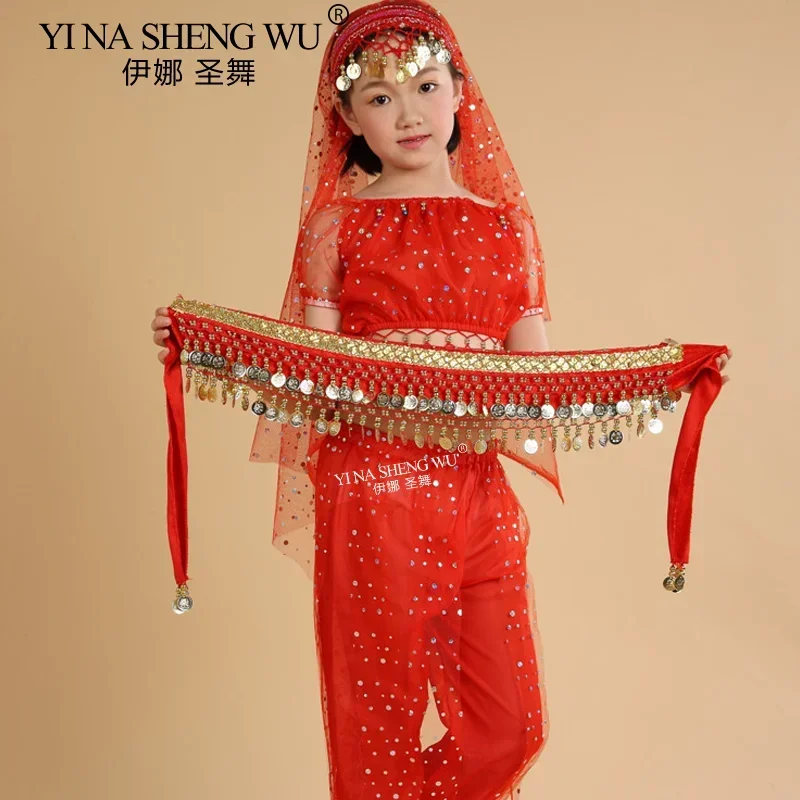 

Детская поясная цепочка для танца живота, индийский танцевальный костюм, аксессуары, монета, блестки, кисточка, набедренный шарф, 12 цветов