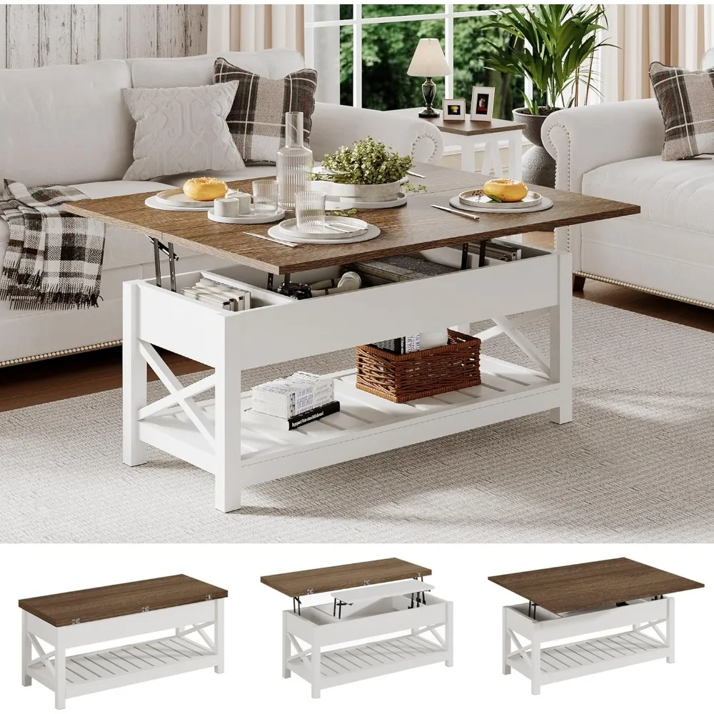 Farmhouse Lift Top Coffee Table, Multi-Function Convertible Coffee Table with Storage and Hidden Compartment, Converts to Dinin