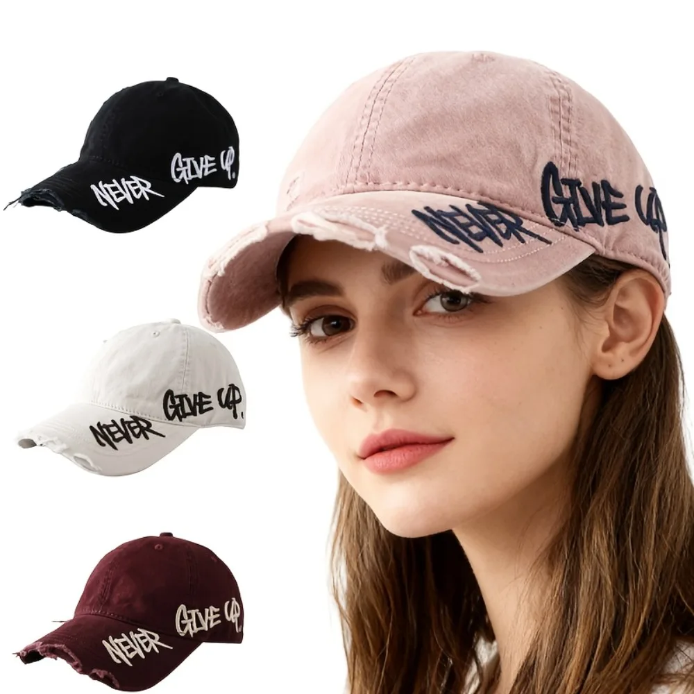 American-style Frayed Hole-sided Three-dimensional Embroidery Curved Brim Baseball Cap, Street Style Sun Protection Peaked Cap