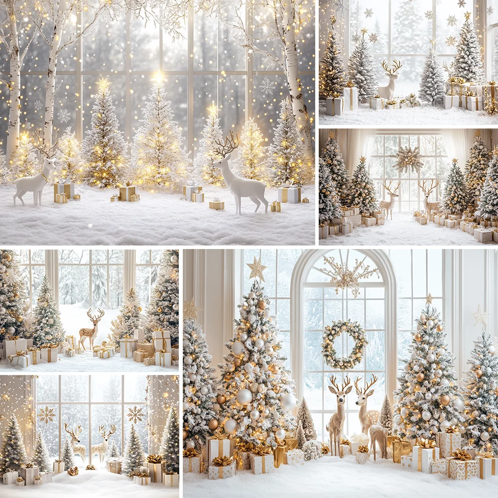 

Winter Christmas Photography Backdrop Snowflakes Gold White Gifts Deer Happy Christmas Party Decor Backgrounds For Photographs