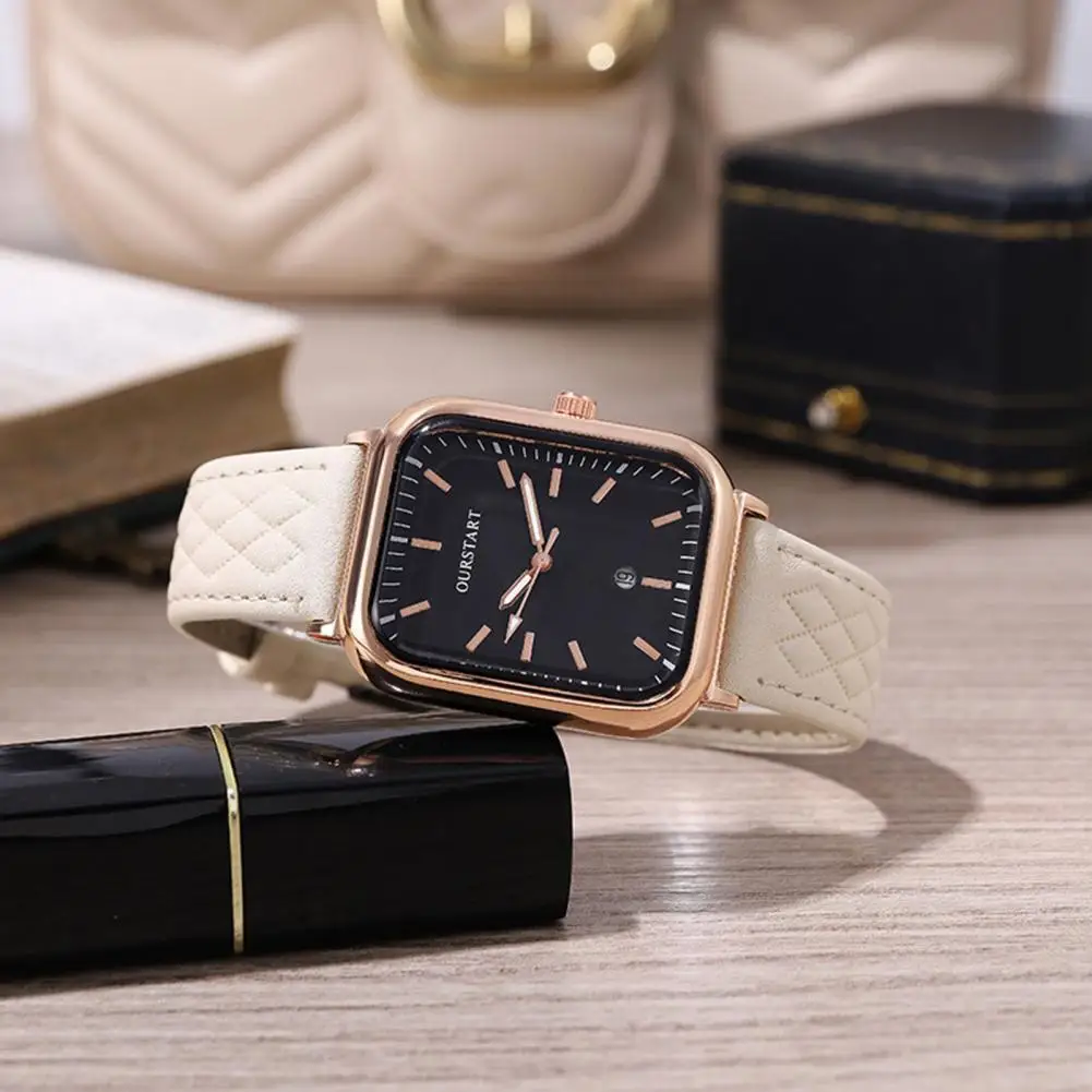 Ladies Timepiece Elegant Ladies Quartz Watch with Rhombus Texture Dial Adjustable Faux Leather Strap Date Display for Stylish