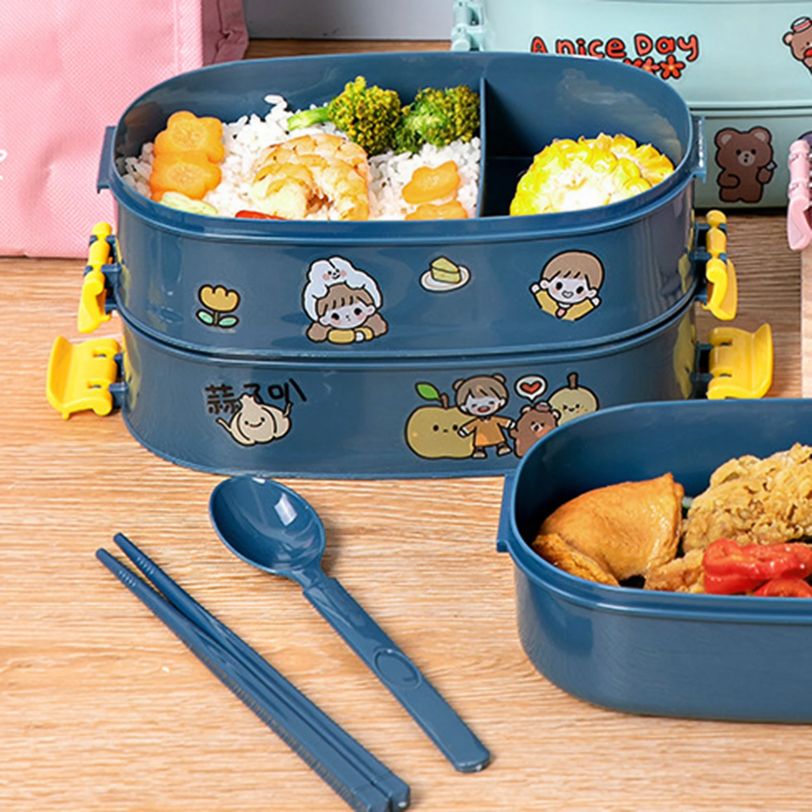 2/3 Layers Portable Lunch Box for Kids Leak-proof Food Container with Spoon and Chopsticks Microwave Bento Boxes Dinnerware Set