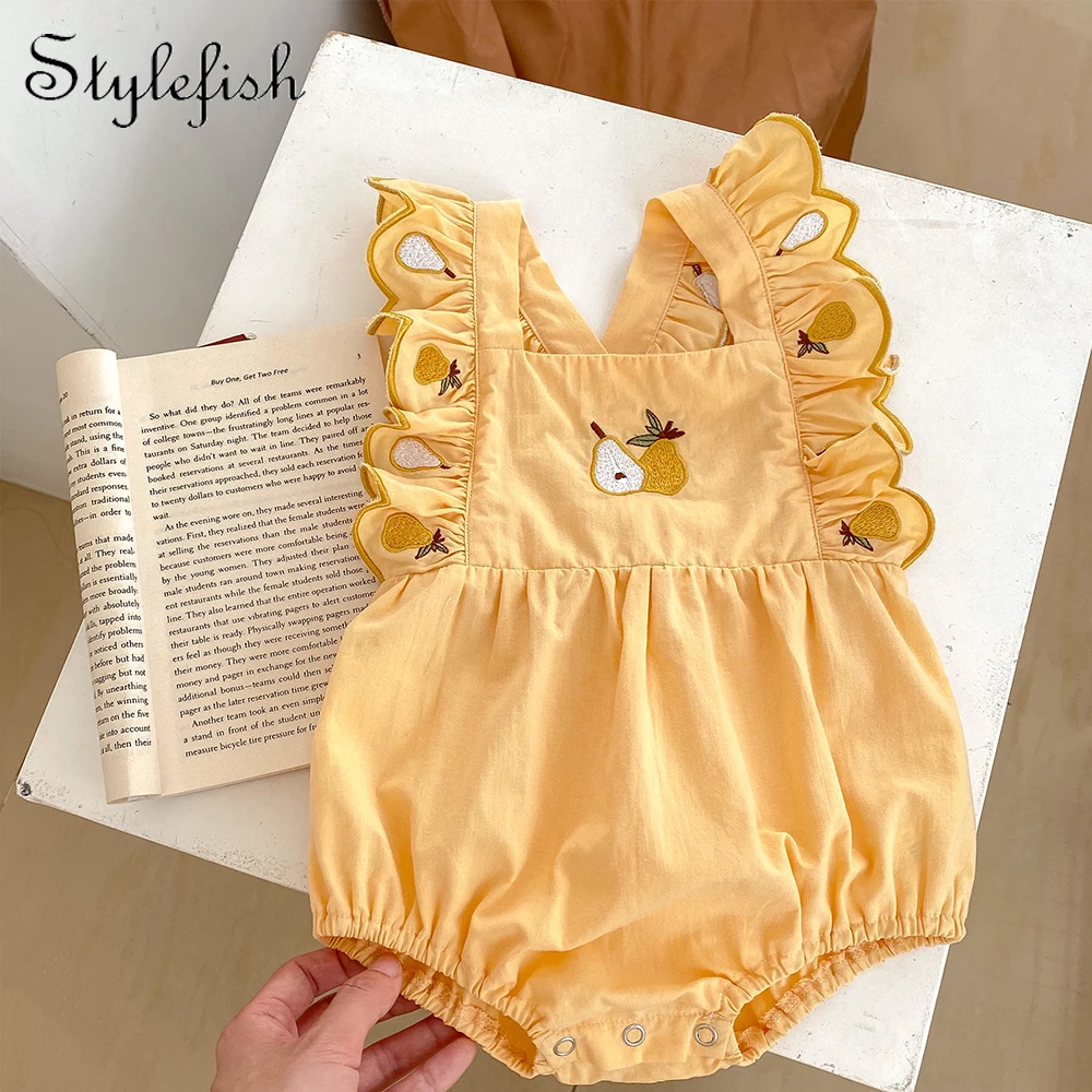 INS Summer New Product Infant and Toddler Girl Baby Heavy Industry Pear Embroidery Strap Wrap Fart Romper One Piece Creeper