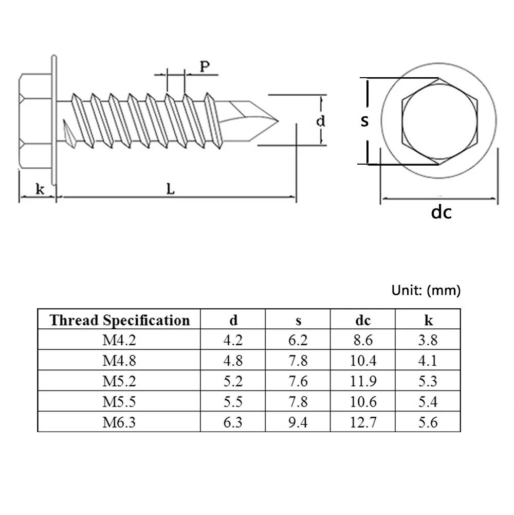 M4.2 M4.8 M5.2 M6.3 410 Stainless Steel Hex Washer Head Self-drilling/Tapping Roofing Screws Length16mm-125mm