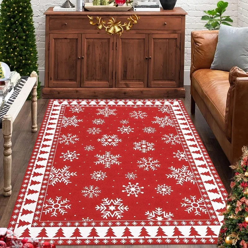 1pc Large Red Christmas Area Rug with Snowflake & Reindeer Silhouette Pattern, Rectangular Seasonal Indoor Festive Accent Decor