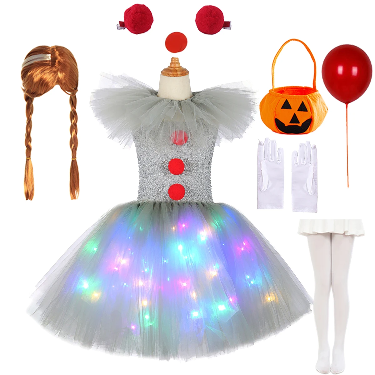 Gray Joker LED Light Up Tutu Dress for Girls Carnival Girl Creepy Clown Cosplay Clothes Kids Party Scary Halloween Costume 2-12Y