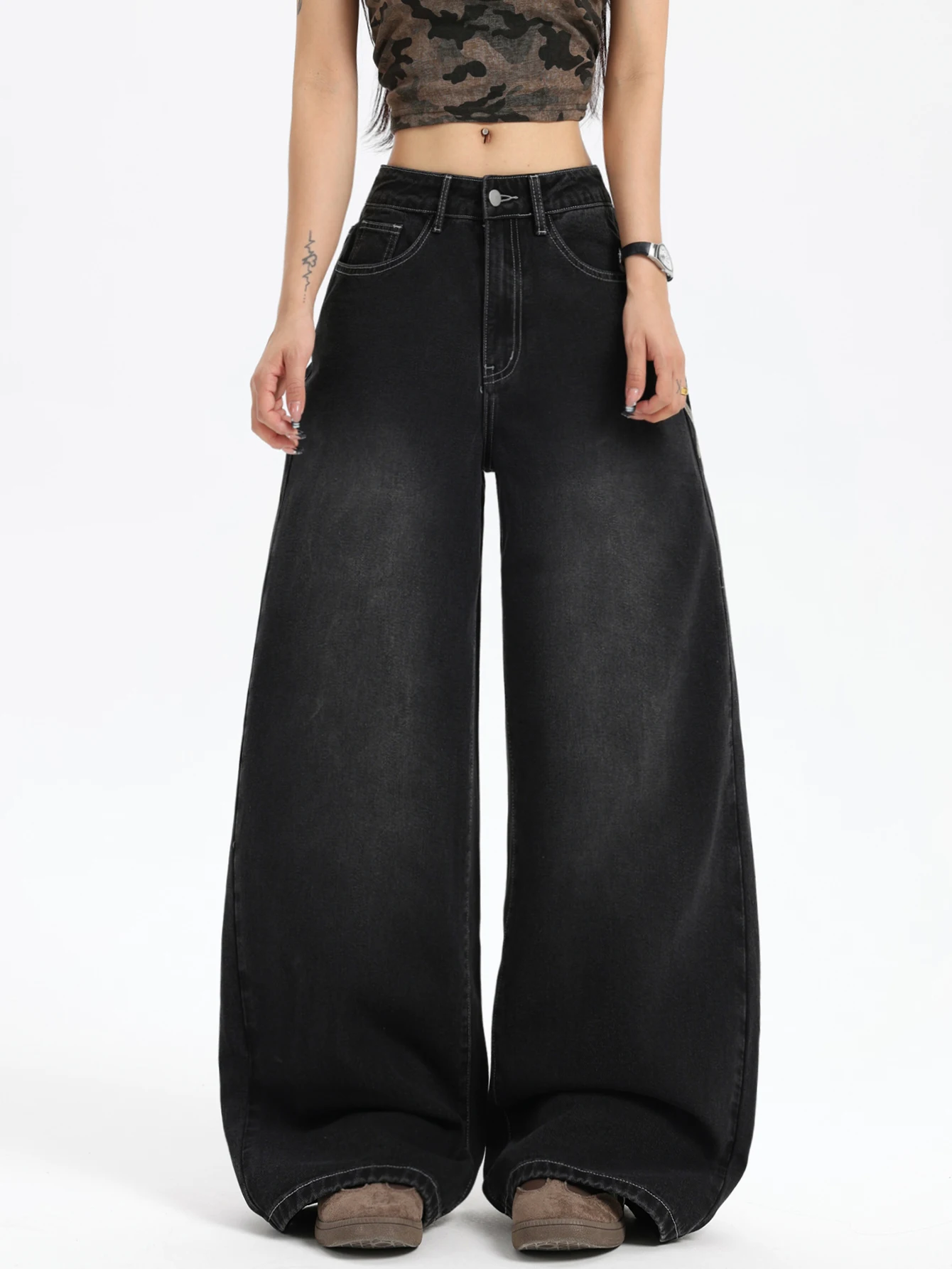 American Vintage High Street Style Wide-Leg Denim Pants Millennial Aby Style Five-Pointed Star Vine Embroidery Pattern
