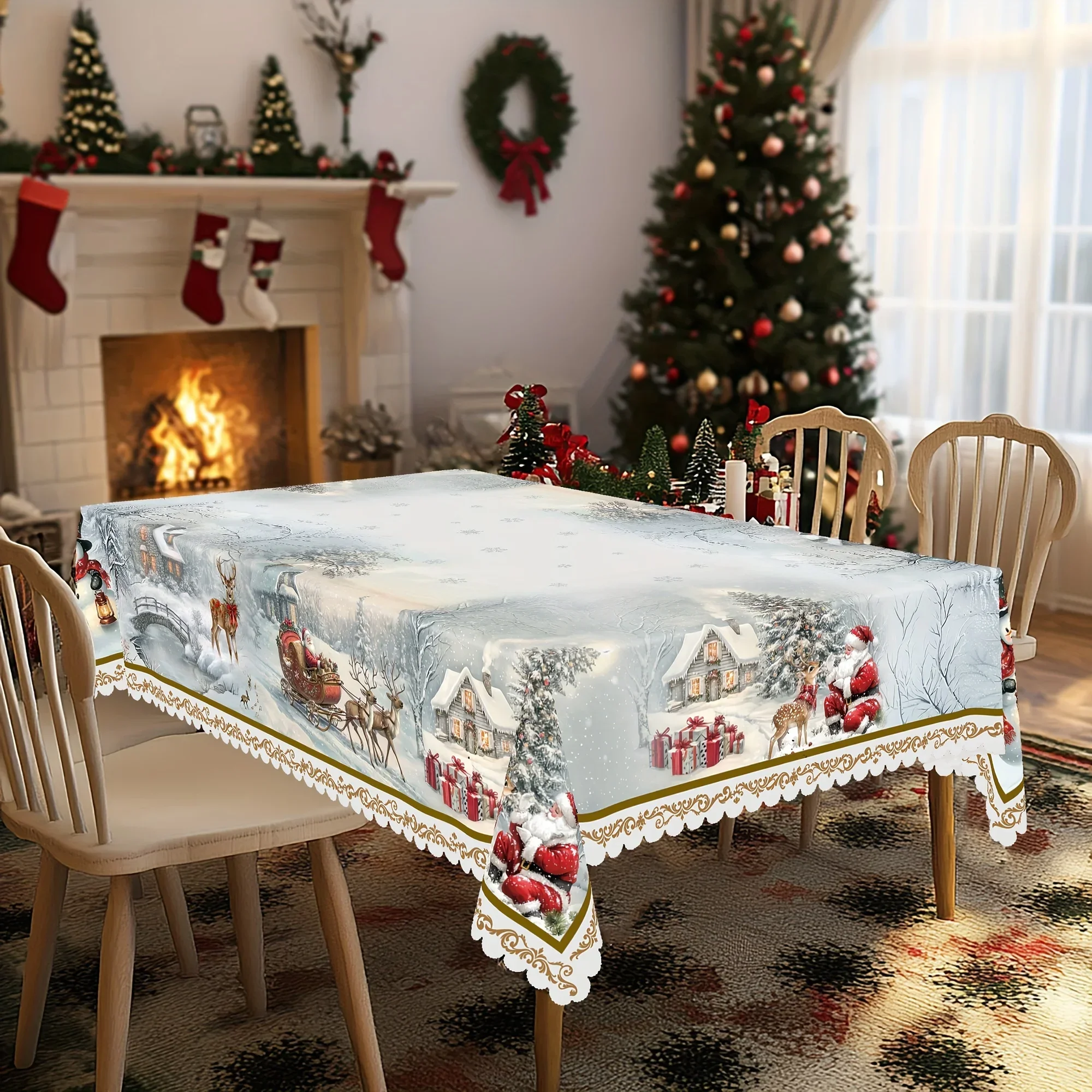 Halloween and Christmas special 1-piece Christmas tablecloth - Winter Wonderland theme pattern with Santa Claus yzb