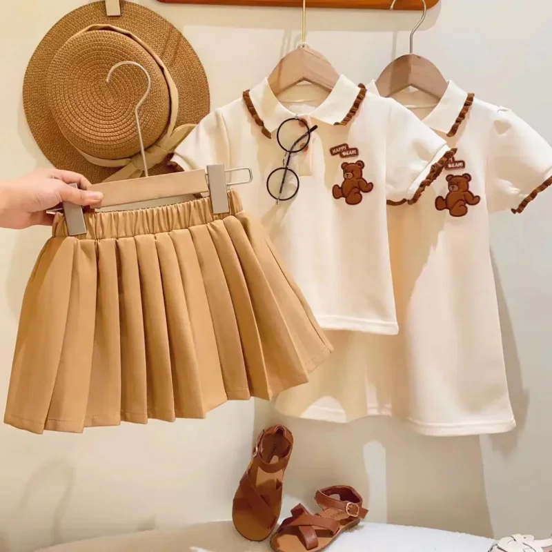 New Summer Korea Kids Clothes for Girls Cute Bear Polo T-shirt + Pleated Skirt 2 Piece Suit Baby Girls Strawberry Polo Dress