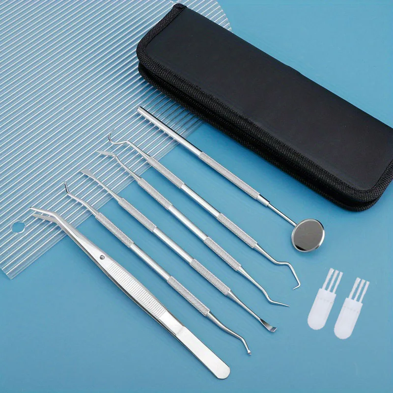 Stainless Steel Dental Cleaning Kit, with Leather Storage Bag, Tongue Brush and Tongue Cleaning Tool, Pet Dental Cleaning Tool, Reusable, Easy to Carry, Suitable for Outdoor Picnics, Camping, Travel, and Daily Use