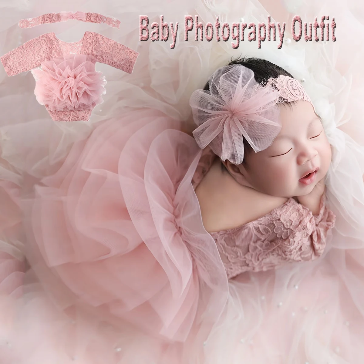 

Ylsteed, розовый комплект из 2 предметов, одежда для новорожденных, кружевной комбинезон для фотосессии, пушистая сетчатая кружевная одежда для фотосъемки с повязкой на голову-HD