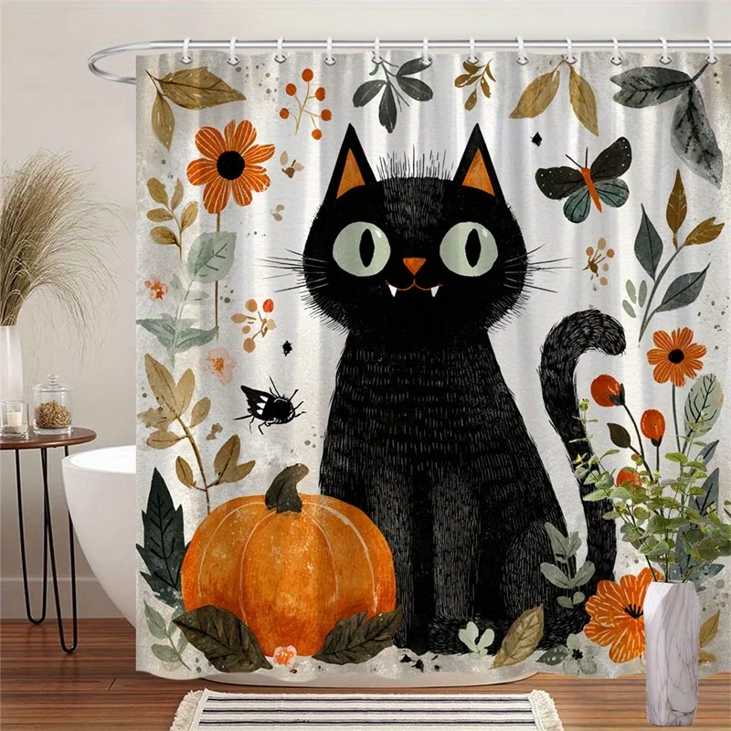 Cute Halloween Cat Floral Shower Curtain Bathroom Decor Autumn Pumpkin Fall Animal Print Shower Curtain