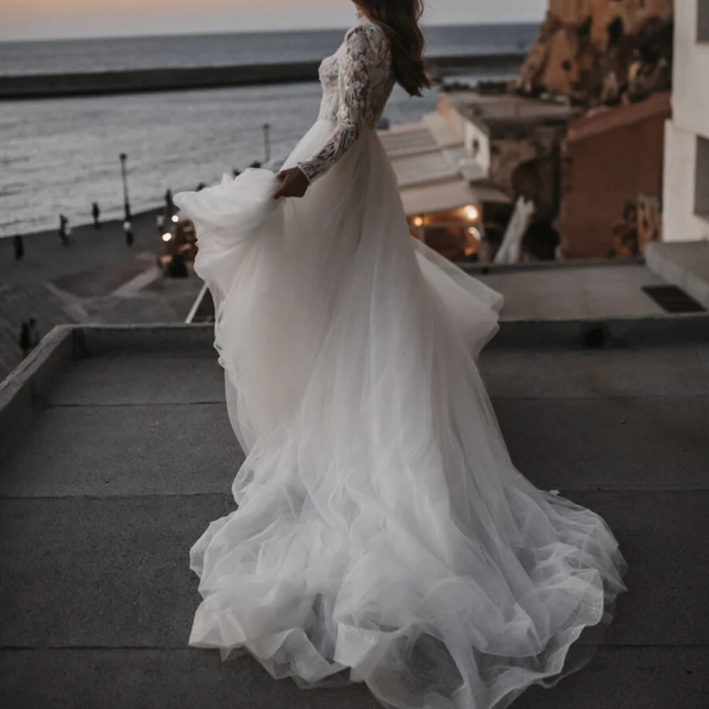 Elegante vestido de novia de manga larga de encaje, línea A, romántico, hasta el suelo, bata de novia de manga larga